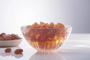 date seeds in a bowl on a white surface, in the style of translucent geometries, graceful poses, infused with social commentary, generat ai photo