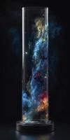 Glass tube contained the oceans, earth, wind, fire, ether, entire nature universe with stargazing nebula and stars, galaxies, generate ai photo