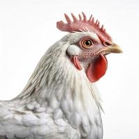 Portrait of a ginger chicken standing isolated on white background, profile view of a chicken white background, photorealistic, hyperrealism, generate ai photo