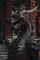 A huge black Chinese dragon with red eyes,  one wearing red armor, armor on the back, dark dungeon on both sides, mountain, generate ai photo