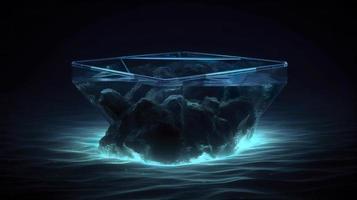 a neon light in blue glowing shape, in the style of bold geometric minimalism, quadratura, hyper-realistic water, dark emerald and light cyan, generat ai photo