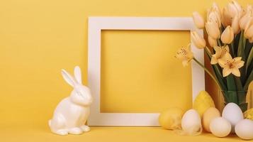 gratis foto un vacío blanco frontera marco decorado con lirio flores, Conejo figurilla y Pascua de Resurrección huevos en amarillo fondo, generar ai