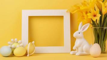 Free photo an empty white border frame decorated with lily flowers, rabbit figurine and easter eggs on yellow background, generat ai