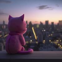 un antropomórfico rosado gato en bojack jinete animación estilo, reflejando en vida mientras mirando terminado el horizonte de buenos aires desde un techo durante crepúsculo, generar ai foto