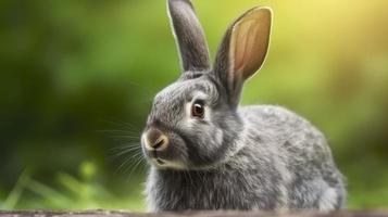 retrato de un linda mullido gris Conejo con orejas en un natural verde fondo, generar ai foto