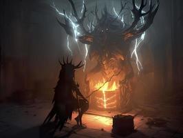 DnD art shrouded monster wreathed in lightening with antlers standing in darkened corner of a medieval throne room, dark, generat ai photo