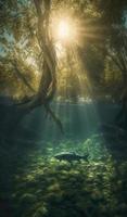 big fish swimming below the surface with trees and sunlight, in the style of otherworldly landscapes, generat ai photo