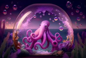 A surrealistic hyperrealistic fairytale cute octopus. The background is a landscape with purple, pink  and iridescent soap bubbles floating around, generat ai photo