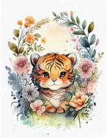 dreamy watercolor cute happy chibi tiger with flowery fairytale background, white background, generat ai photo