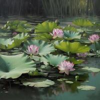 In summer, the green lotus leaves sway gently on the clear pool water, the slender lotus roots sway with the wind, and the pink lotus flowers are about to bloom, generat ai photo