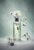 a small bottle with flowers is flying around, in the style of minimal retouching, gong bi, soft color blending, light green and white, layered imagery, generat ai photo