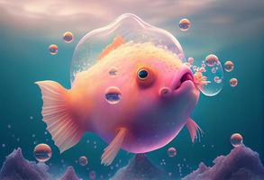 A surrealistic hyperrealistic fairytale cute anglerfish. The background is a landscape with peach, pink and iridescent soap bubbles floating around, generat ai photo