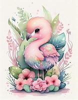 reamy watercolor cute happy chibi flamingo with flowery fairytale background, soft pastel colors, generat ai photo