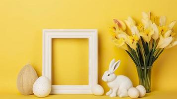 Free photo an empty white border frame decorated with lily flowers, rabbit figurine and easter eggs on yellow background, generat ai