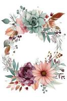 Watercolor floral illustration - white flowers, rose, peony, leaves and branches wreath frame. Wedding stationary, greetings, wallpapers, fashion, background. Eucalyptus, generate ai photo