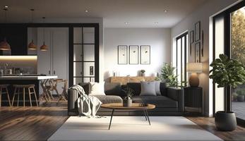 Interior design, modern cushions arranged on sofa in living room, generate ai photo