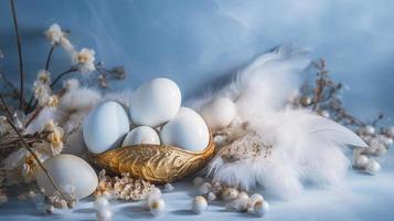 a bright blue background with one white Down feathers and eggs, in the style of soft and dreamy pastels, glimmering light effects, nature-inspired imagery, generat ai photo