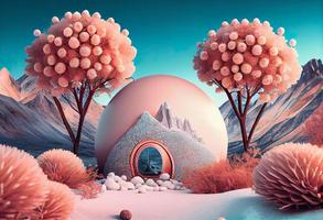 a surrealistic fairytale valley winter landscape with an igloo, peach-colored trees with blue flowers on it, pink and peach cotton-candy-balls on sticks, generat ai photo