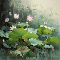 In summer, the green lotus leaves sway gently on the clear pool water, the slender lotus roots sway with the wind, and the pink lotus flowers are about to bloom, generat ai photo