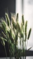 There are some green wheat stalks swaying in the wind, set up in a studio as a background for cosmetic products, generate ai photo