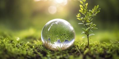 Photo glass globe ball with tree growing and green nature blur background eco earth day concept, generat ai