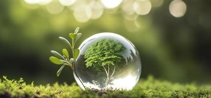 Photo glass globe ball with tree growing and green nature blur background eco earth day concept, generat ai