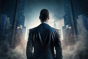 Back view of a businessman looking at skyscrapers represents Youthful Courage in the business world photo