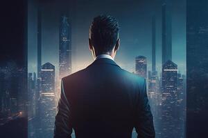 Back view of a businessman looking at skyscrapers represents Youthful Courage in the business world photo
