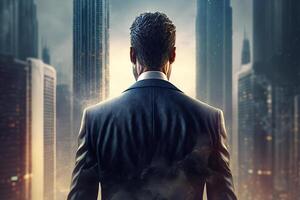 Back view of a businessman looking at skyscrapers represents Youthful Courage in the business world photo