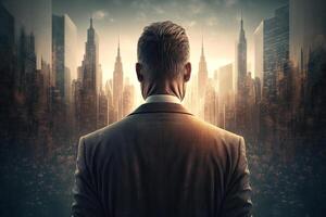 Back view of a businessman looking at skyscrapers represents Youthful Courage in the business world photo