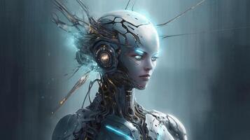 Cyborg face wireframe hologram in artificial intelligence and machine learning concept photo