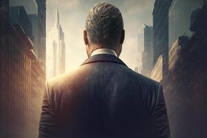 Back view of a businessman looking at skyscrapers represents Youthful Courage in the business world photo