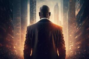 Back view of a businessman looking at skyscrapers represents Youthful Courage in the business world photo