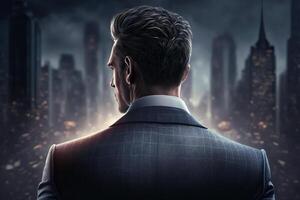 Back view of a businessman looking at skyscrapers represents Youthful Courage in the business world photo