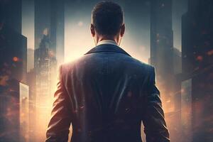 Back view of a businessman looking at skyscrapers represents Youthful Courage in the business world photo