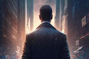 Back view of a businessman looking at skyscrapers represents Youthful Courage in the business world photo