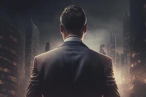 Back view of a businessman looking at skyscrapers represents Youthful Courage in the business world photo