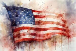 United States of America flag with watercolor splashes on white background photo