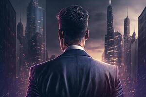 Back view of a businessman looking at skyscrapers represents Youthful Courage in the business world photo
