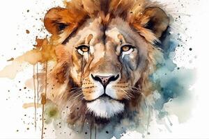 Watercolor portrait of a lion in front of a watercolor background photo