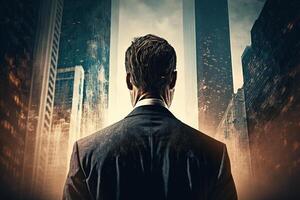 Back view of a businessman looking at skyscrapers represents Youthful Courage in the business world photo