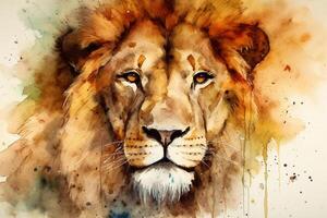 Watercolor portrait of a lion in front of a watercolor background photo