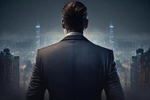 Back view of a businessman looking at skyscrapers represents Youthful Courage in the business world photo