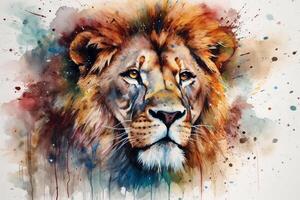 Watercolor portrait of a lion in front of a watercolor background photo