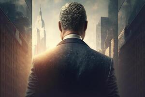 Back view of a businessman looking at skyscrapers represents Youthful Courage in the business world photo