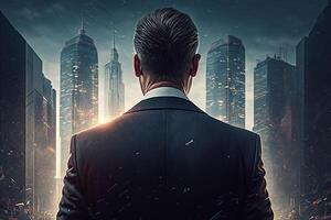 Back view of a businessman looking at skyscrapers represents Youthful Courage in the business world photo