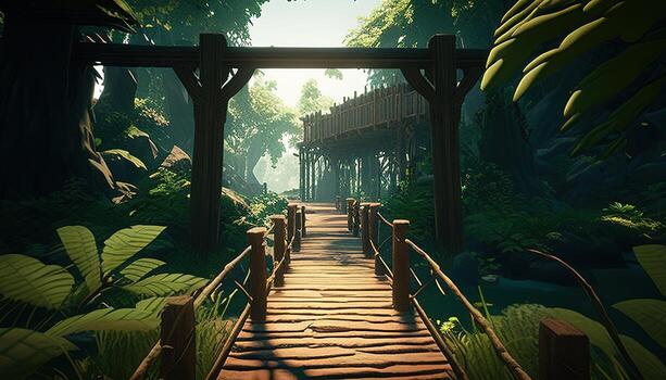 log bridge jungle, digital art illustration, photo
