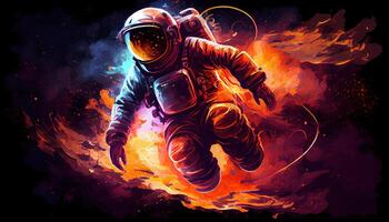 fiery astronaut, digital art illustration, photo