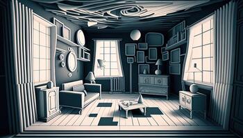 inverted room, digital art illustration, photo