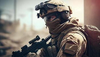 modern soldier in battle, digital art illustration, photo